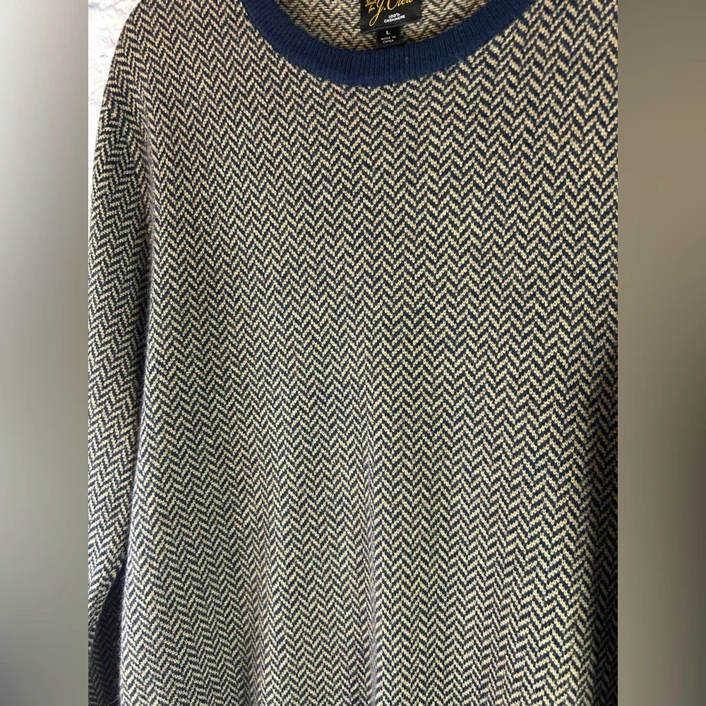 J. Crew Men's 100% Cashmere Navy and Tan Crewneck Sweater